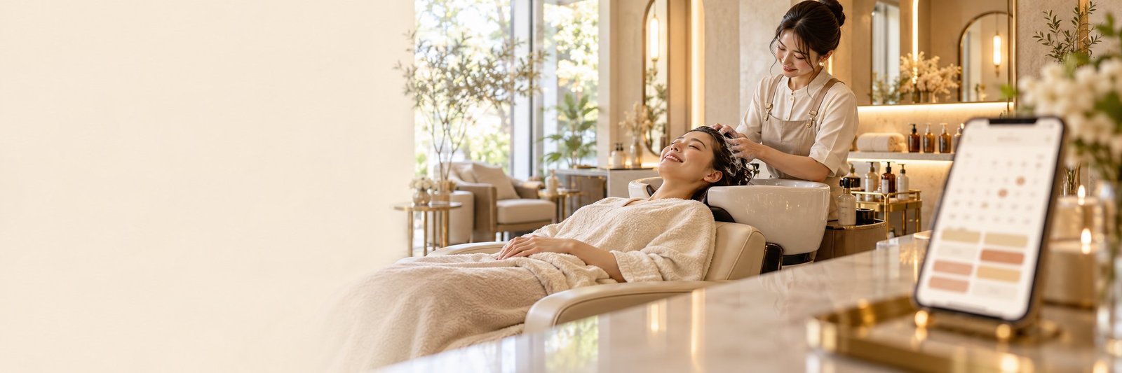 A customer relaxing during a head spa treatment while a therapist works, with an appointment calendar on the counter