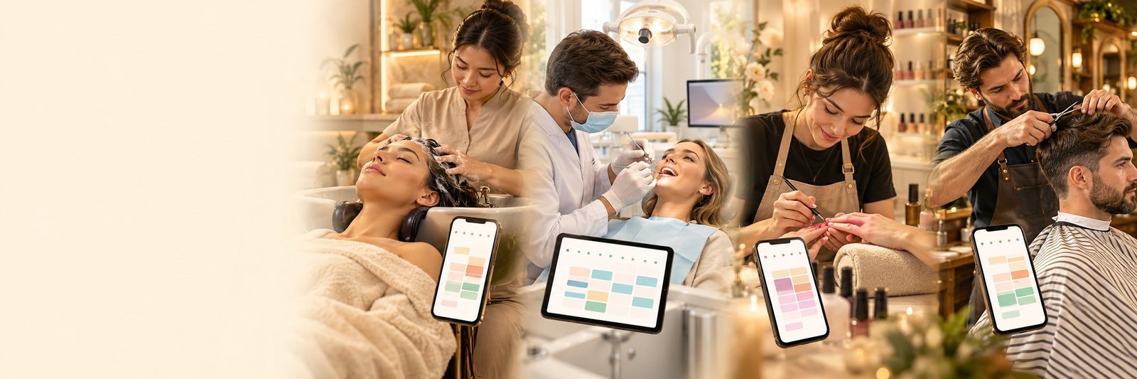 Businesses that take appointments — a head spa, a dental clinic, a nail salon and a barber shop, each with an appointment calendar