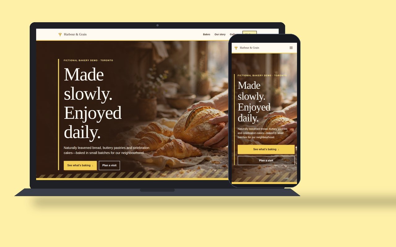 Neighbourhood Bakery website shown on a laptop and a phone