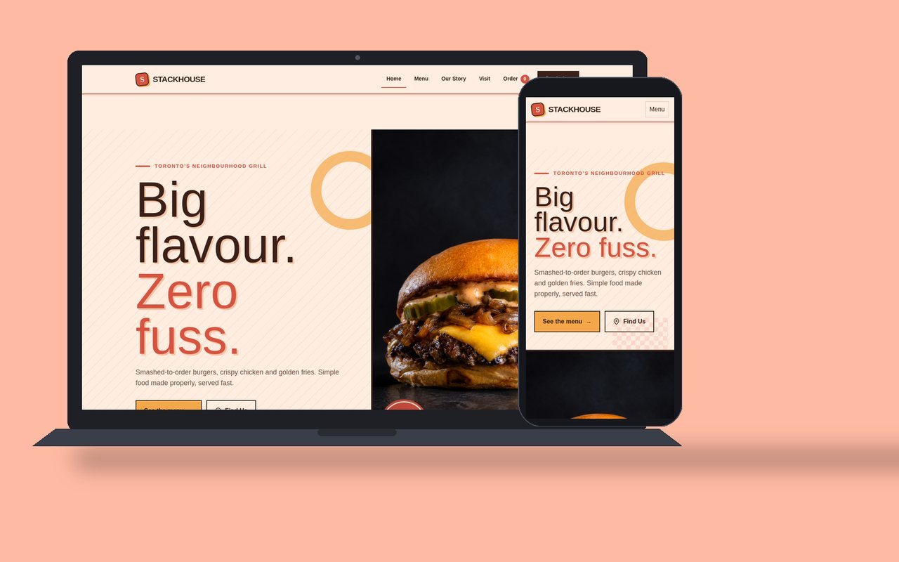 Stackhouse Burger website shown on a laptop and a phone