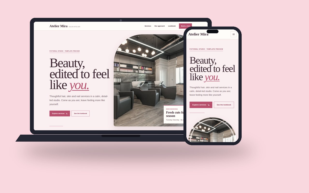 Atelier Mira salon website shown on a laptop and a phone